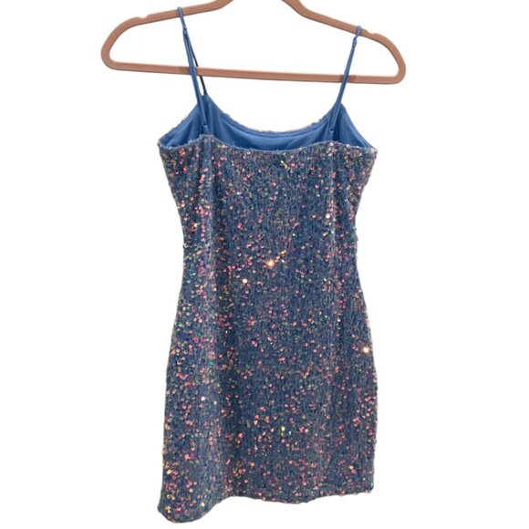 Velve Junior's Sequin Bodycon Mini Dress Baby Blue Adjustable Straps Party Small - Picture 3 of 6